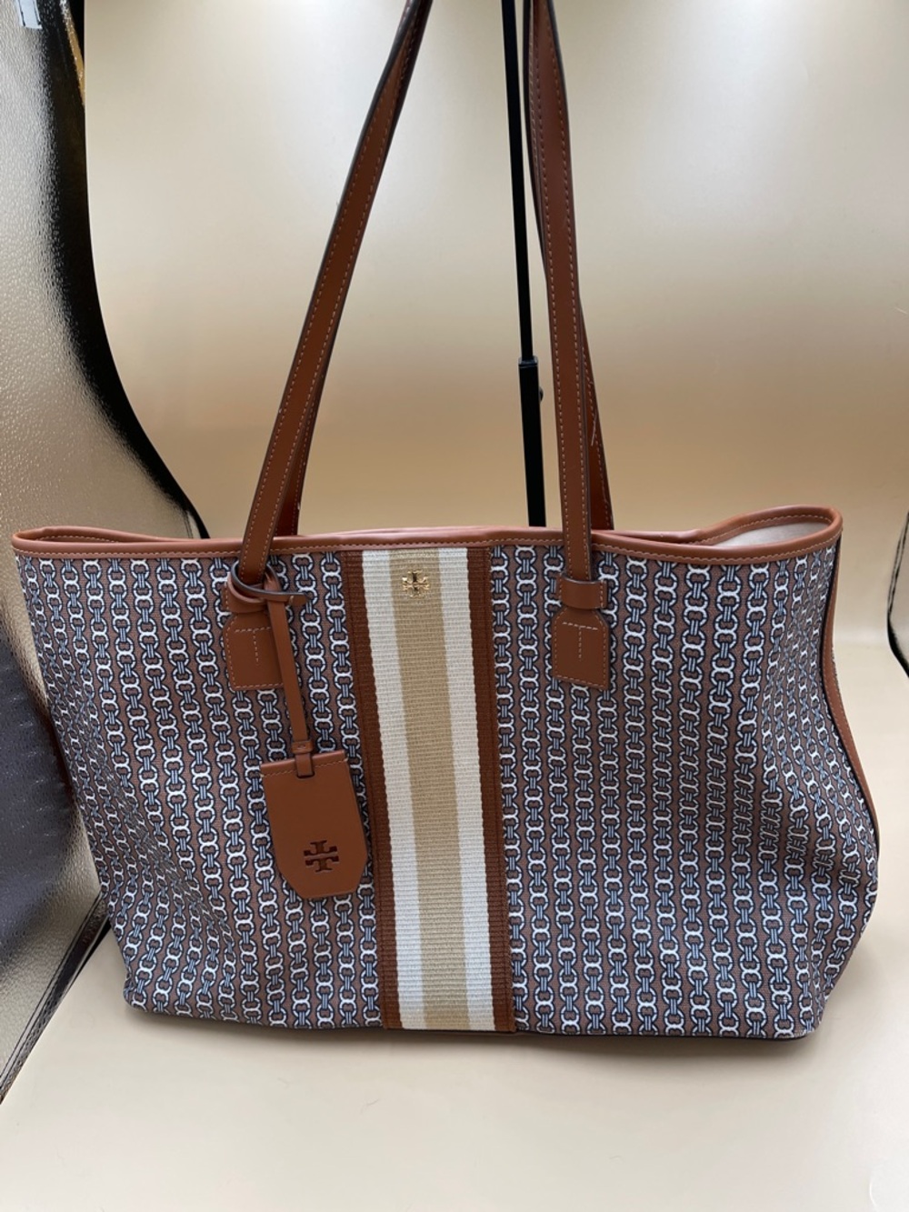 Tory Burch Gemini Link Brown & Cream Striped Canvas Tote with Leather Trim